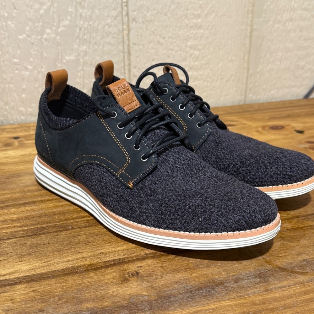Cole Haan Navy Knit and Brown Leather Derby Sneakers